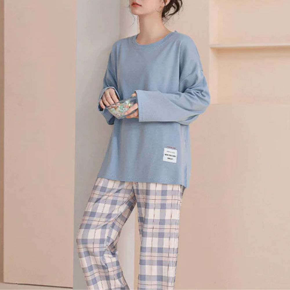 Women’s Cotton Long Sleeve Pajama Set Checked Pants Sleepwear