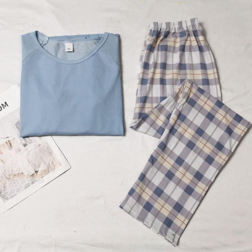 Women’s Cotton Long Sleeve Pajama Set Checked Pants Sleepwear