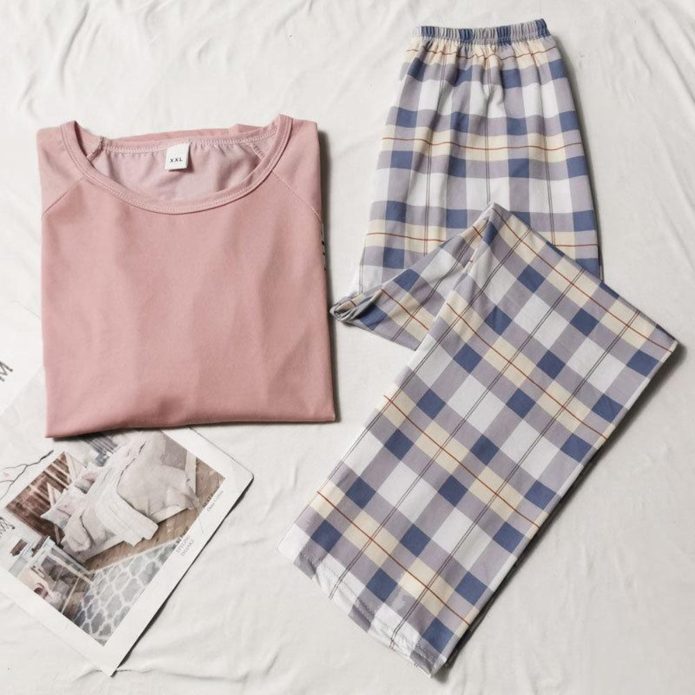 Women’s Cotton Long Sleeve Pajama Set Checked Pants Sleepwear