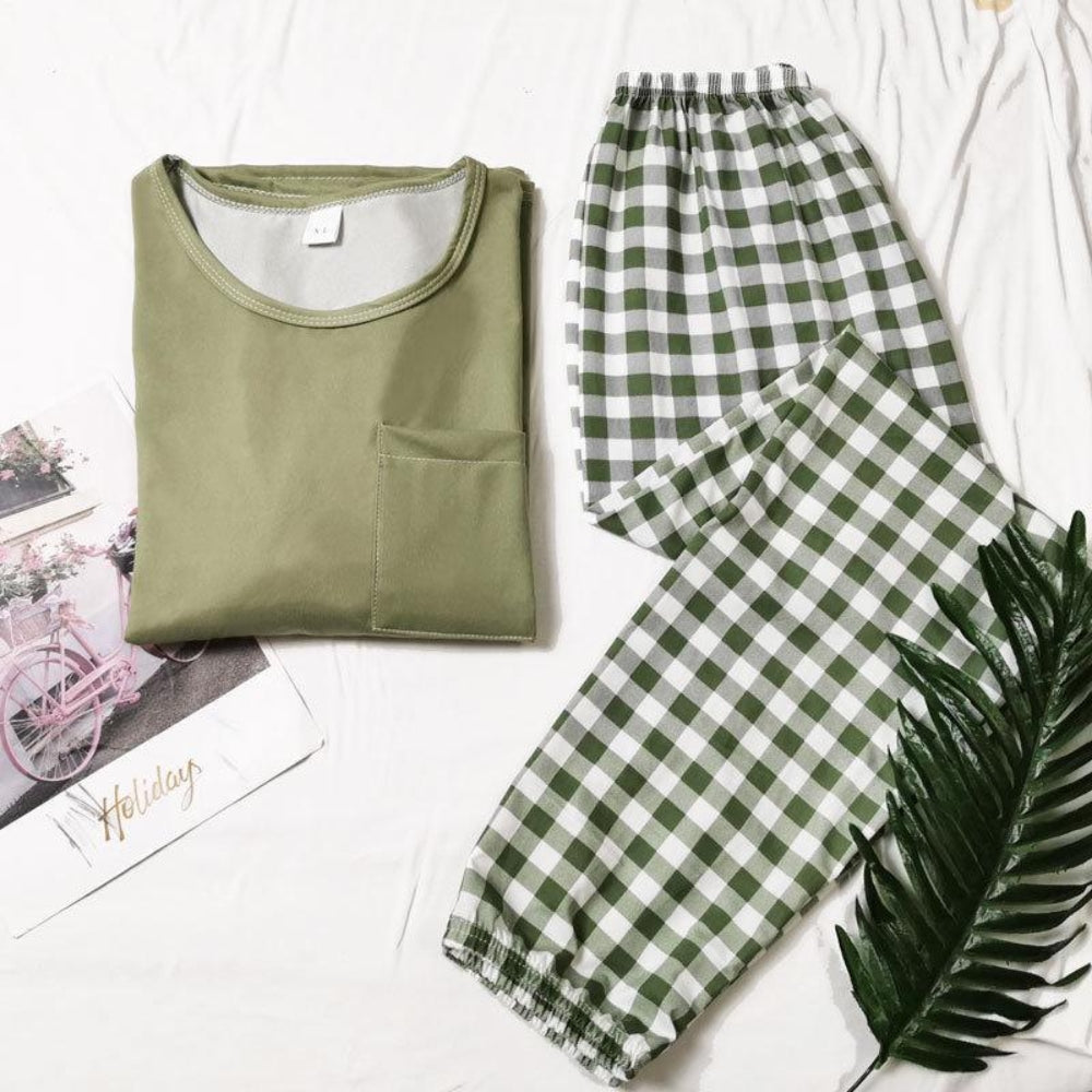 Women’s Cotton Long Sleeve Pajama Set Checked Pants Sleepwear