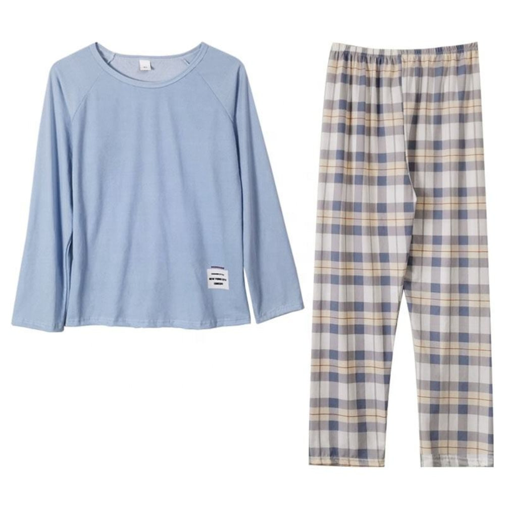 Women’s Cotton Long Sleeve Pajama Set Checked Pants Sleepwear
