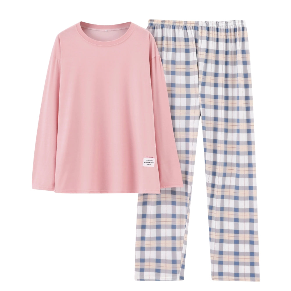 Women’s Cotton Long Sleeve Pajama Set Checked Pants Sleepwear