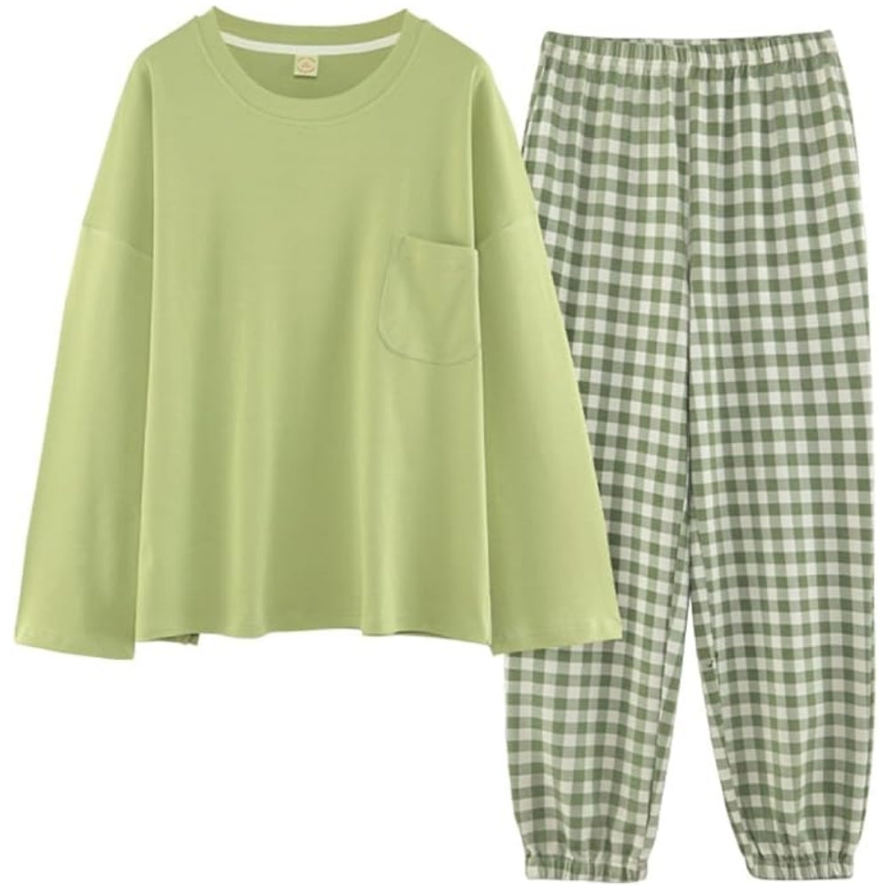 Women’s Cotton Long Sleeve Pajama Set Checked Pants Sleepwear