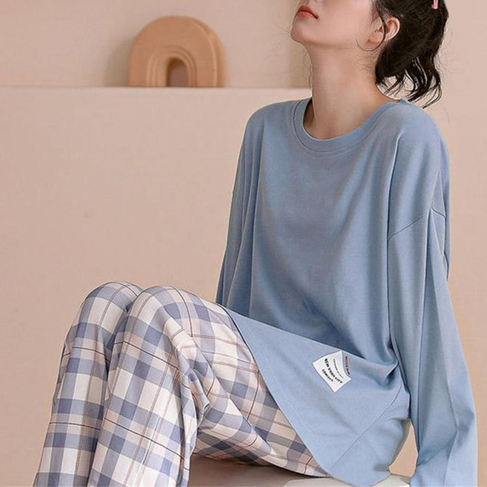 Women’s Cotton Long Sleeve Pajama Set Checked Pants Sleepwear