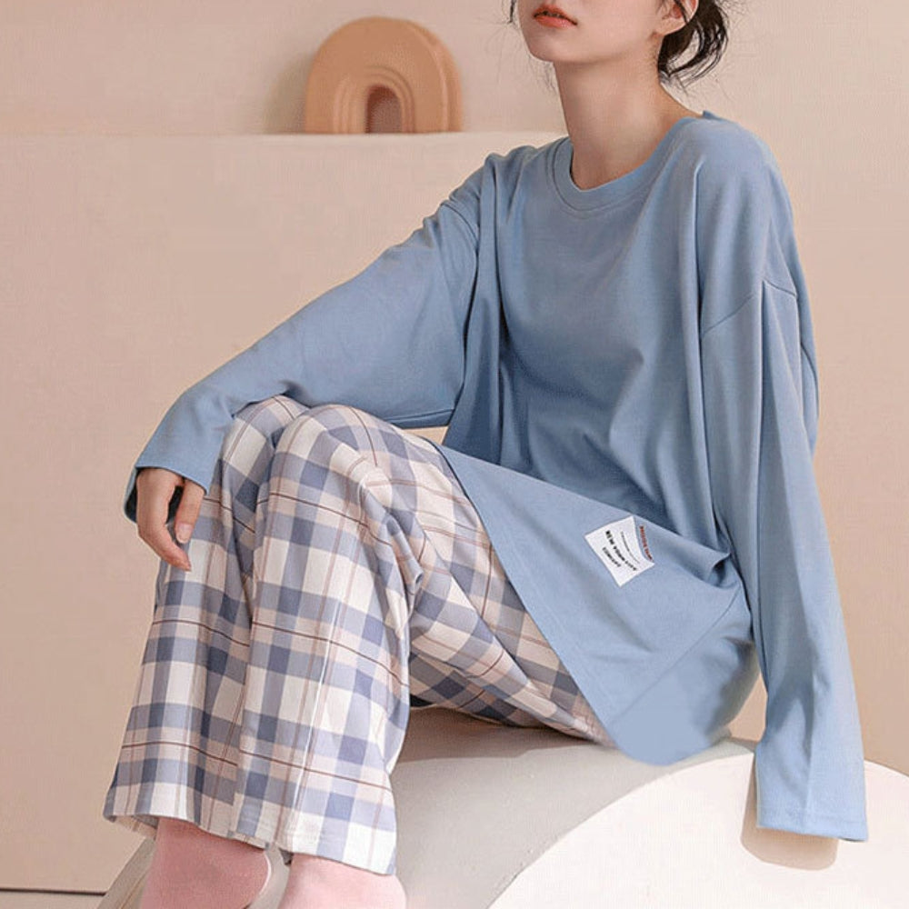 Women’s Cotton Long Sleeve Pajama Set Checked Pants Sleepwear