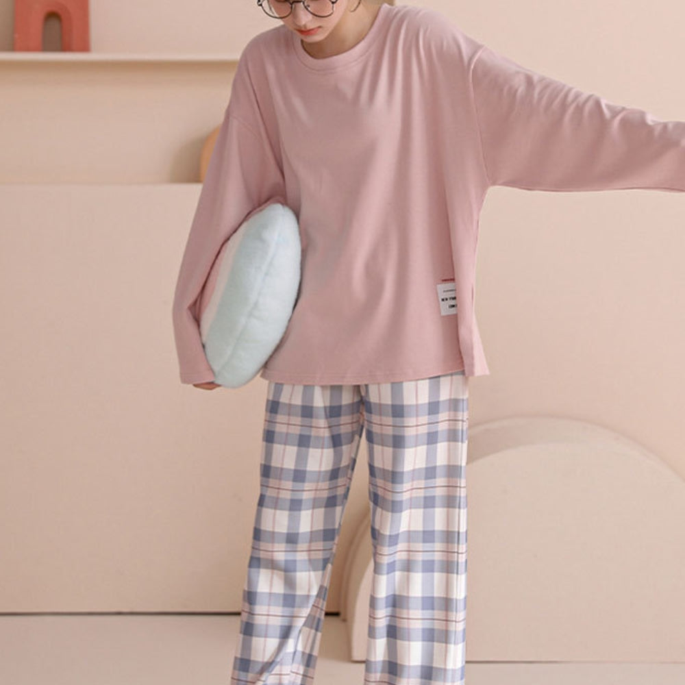 Women’s Cotton Long Sleeve Pajama Set Checked Pants Sleepwear