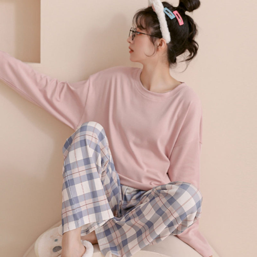 Women’s Cotton Long Sleeve Pajama Set Checked Pants Sleepwear