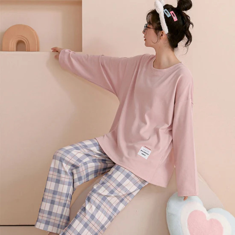 Women’s Cotton Long Sleeve Pajama Set Checked Pants Sleepwear