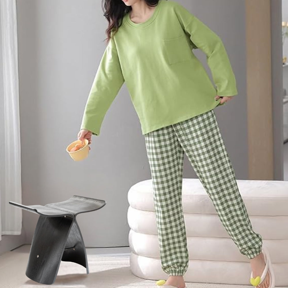 Women’s Cotton Long Sleeve Pajama Set Checked Pants Sleepwear