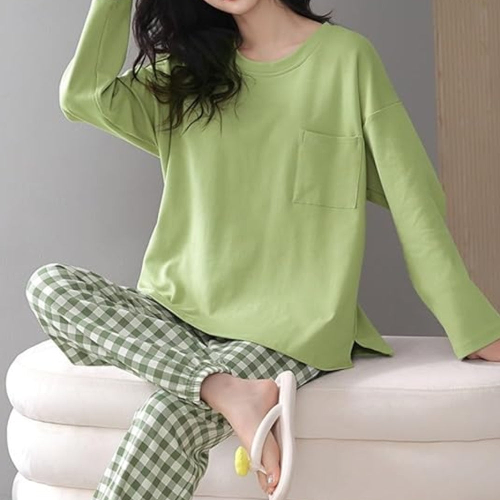 Women’s Cotton Long Sleeve Pajama Set Checked Pants Sleepwear