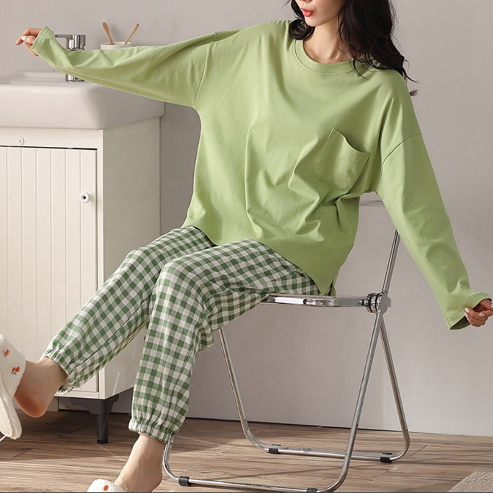 Women’s Cotton Long Sleeve Pajama Set Checked Pants Sleepwear