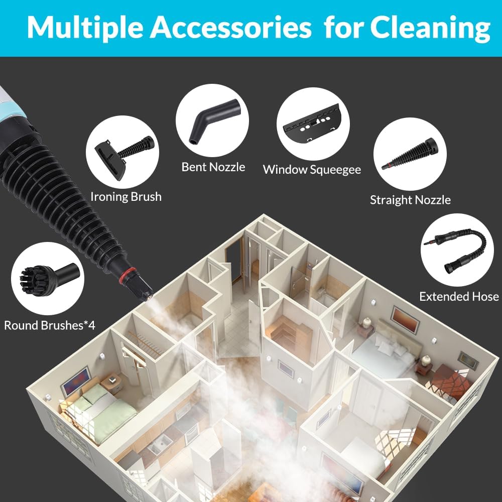 Cleaning tool with various accessories shown over a 3D floor plan of a house.