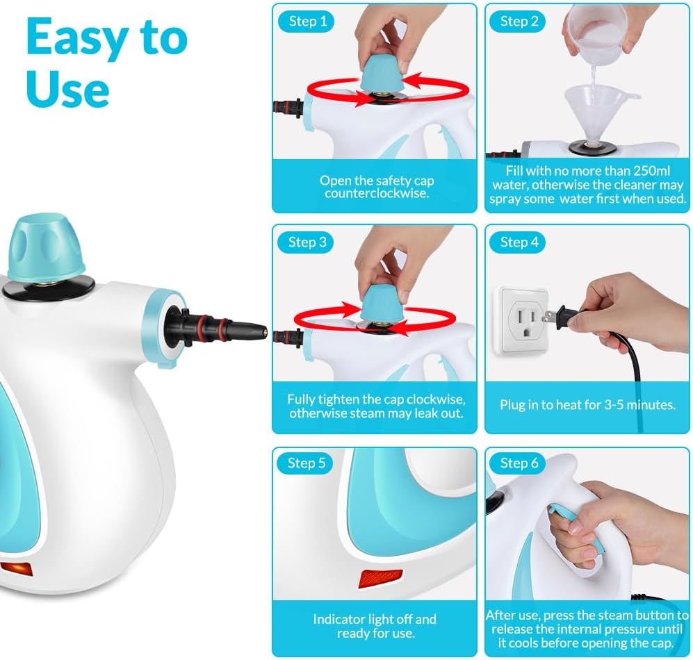 Instructions for using a steam cleaner with step-by-step illustrations.