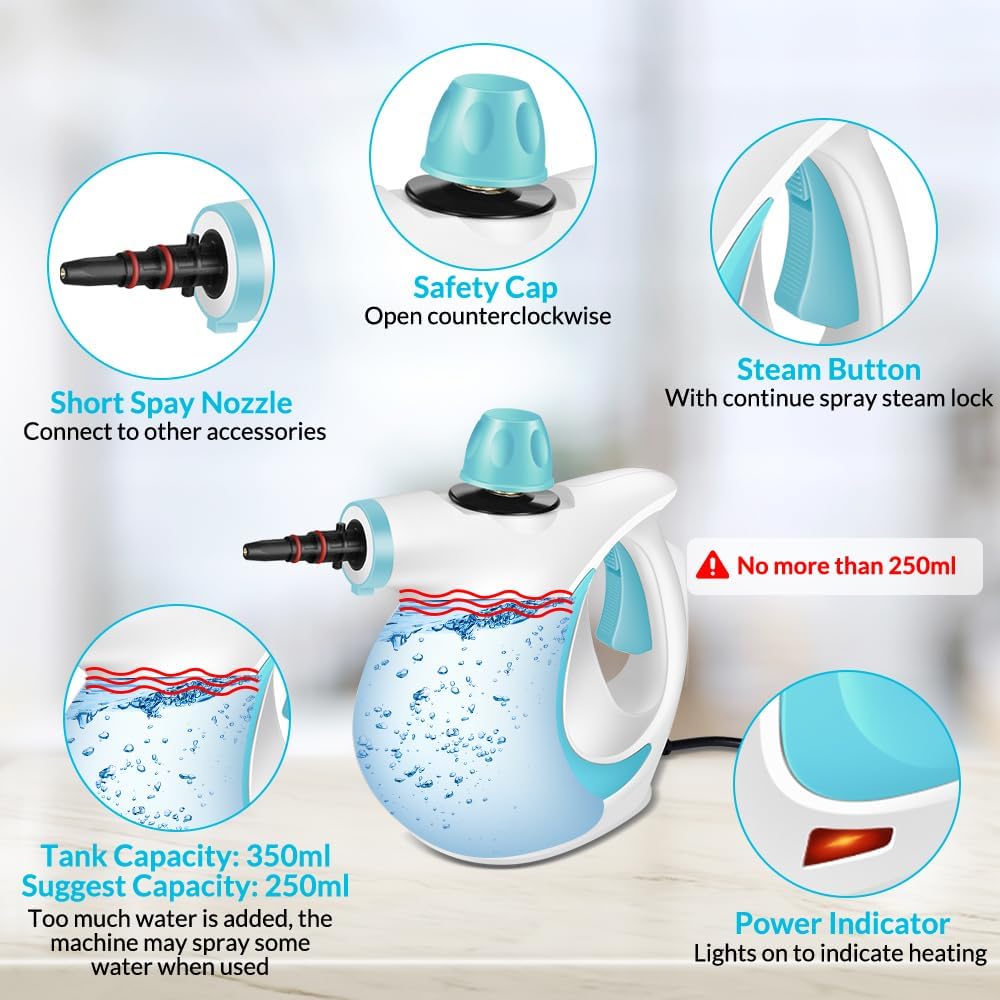 Stainless steel steam cleaner with labeled parts on a white background
