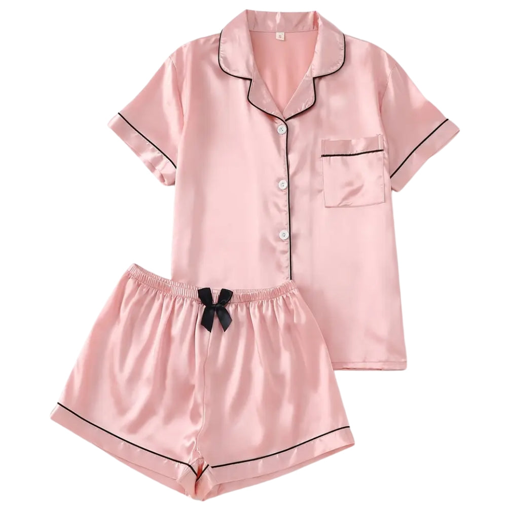 Women’s Satin Pajama Set Short Sleeve Top and Shorts Sleepwear