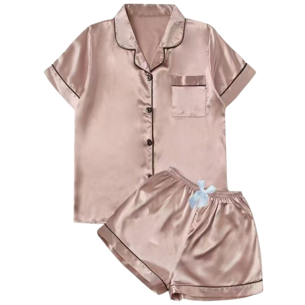 Women’s Satin Pajama Set Short Sleeve Top and Shorts Sleepwear