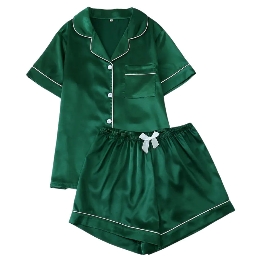 Women’s Satin Pajama Set Short Sleeve Top and Shorts Sleepwear