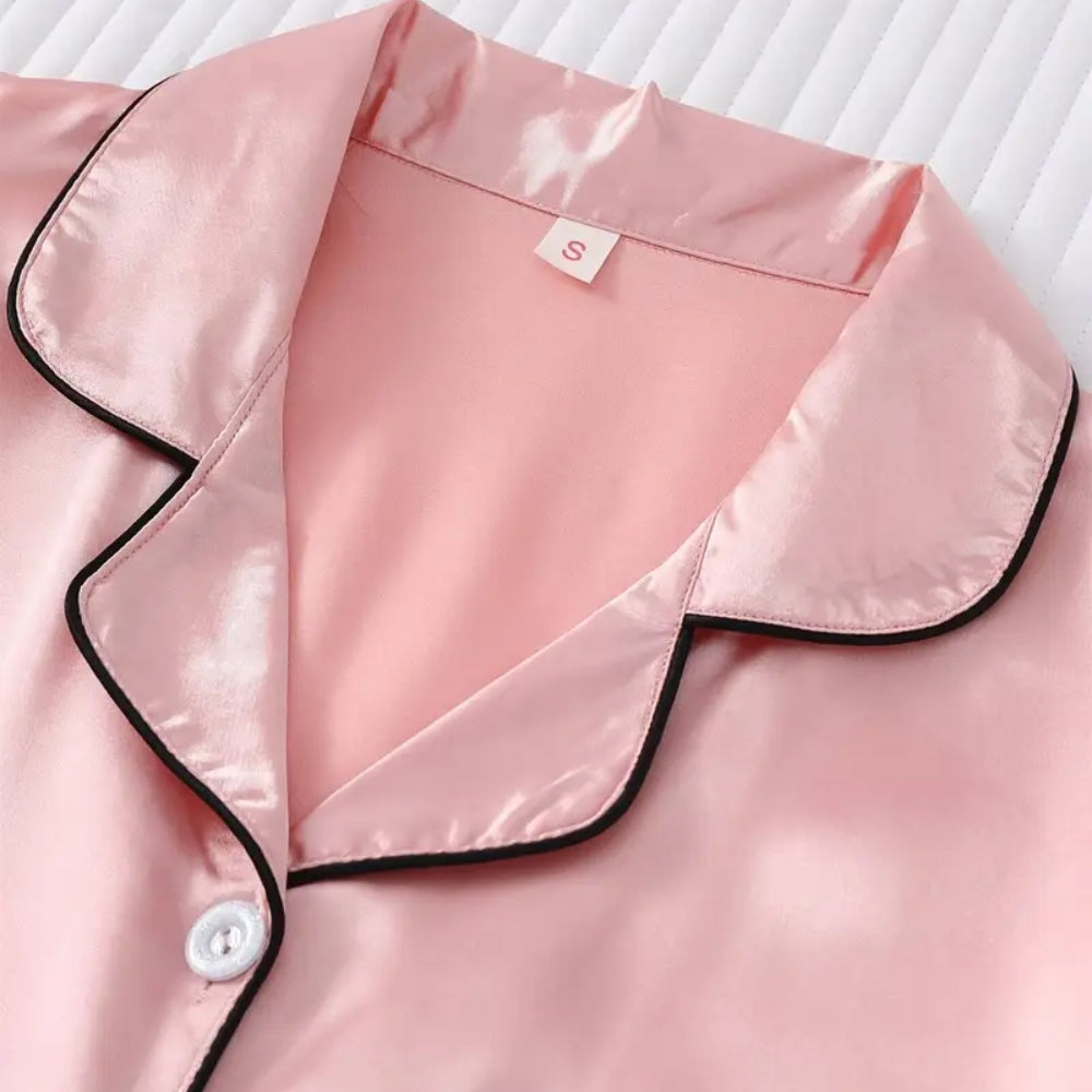 Women’s Satin Pajama Set Short Sleeve Top and Shorts Sleepwear