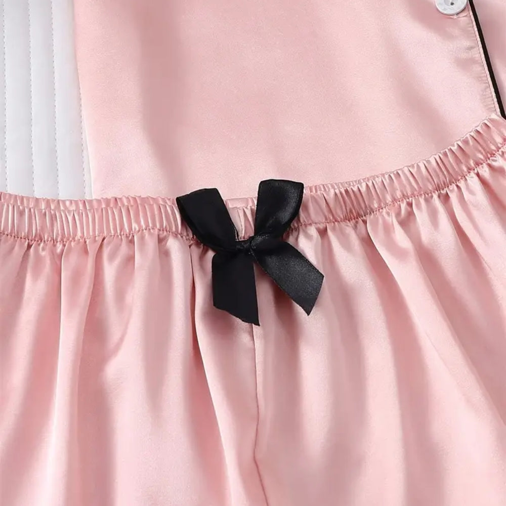 Women’s Satin Pajama Set Short Sleeve Top and Shorts Sleepwear