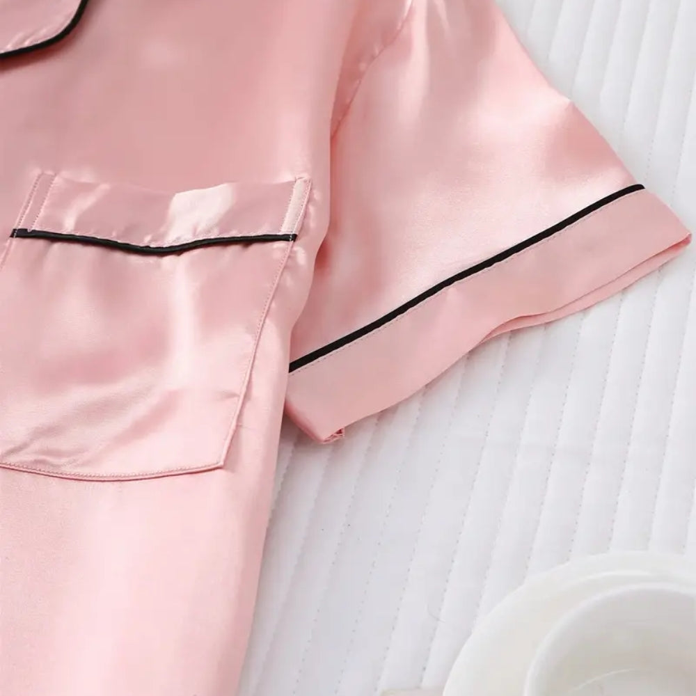 Women’s Satin Pajama Set Short Sleeve Top and Shorts Sleepwear