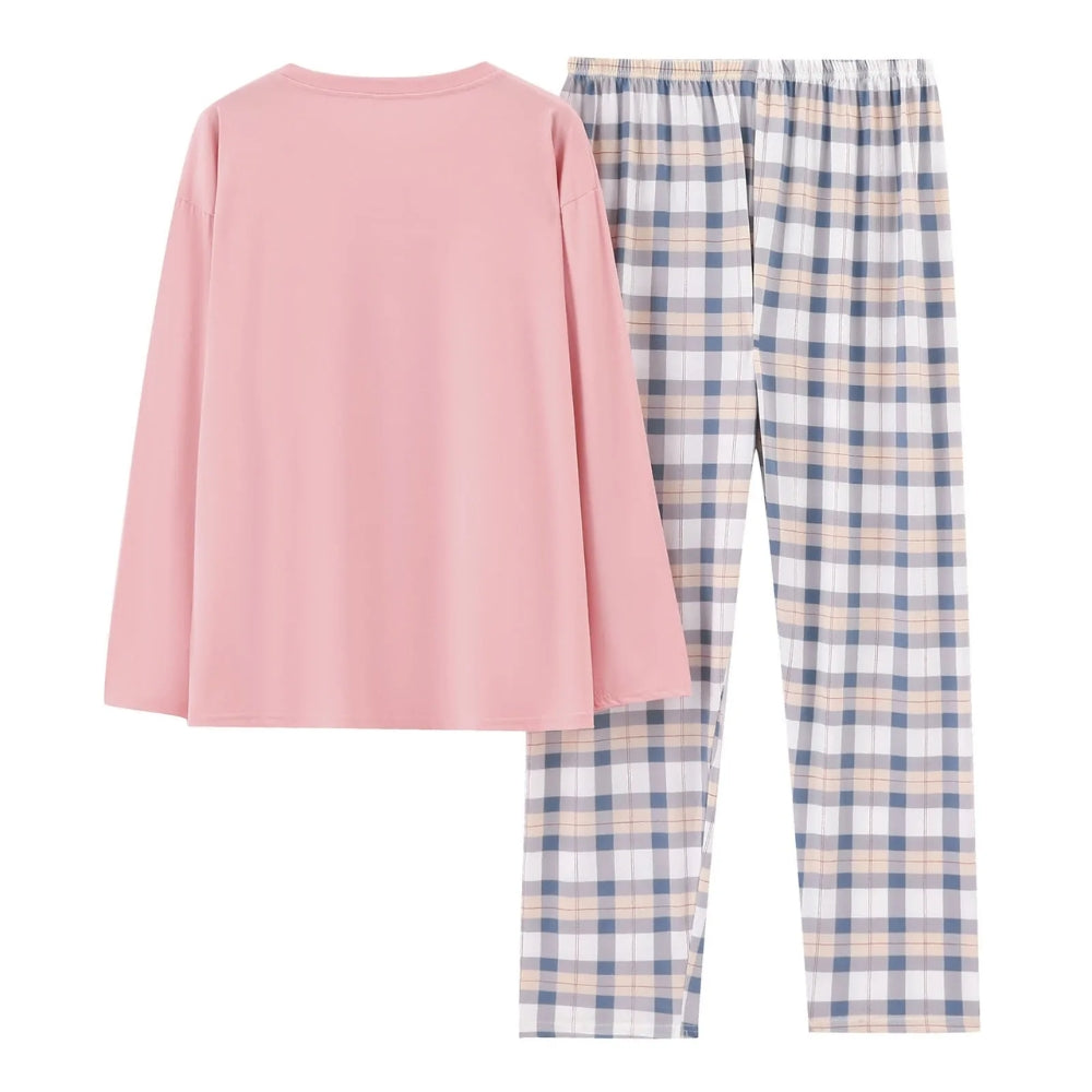Women’s Cotton Long Sleeve Pajama Set Checked Pants Sleepwear