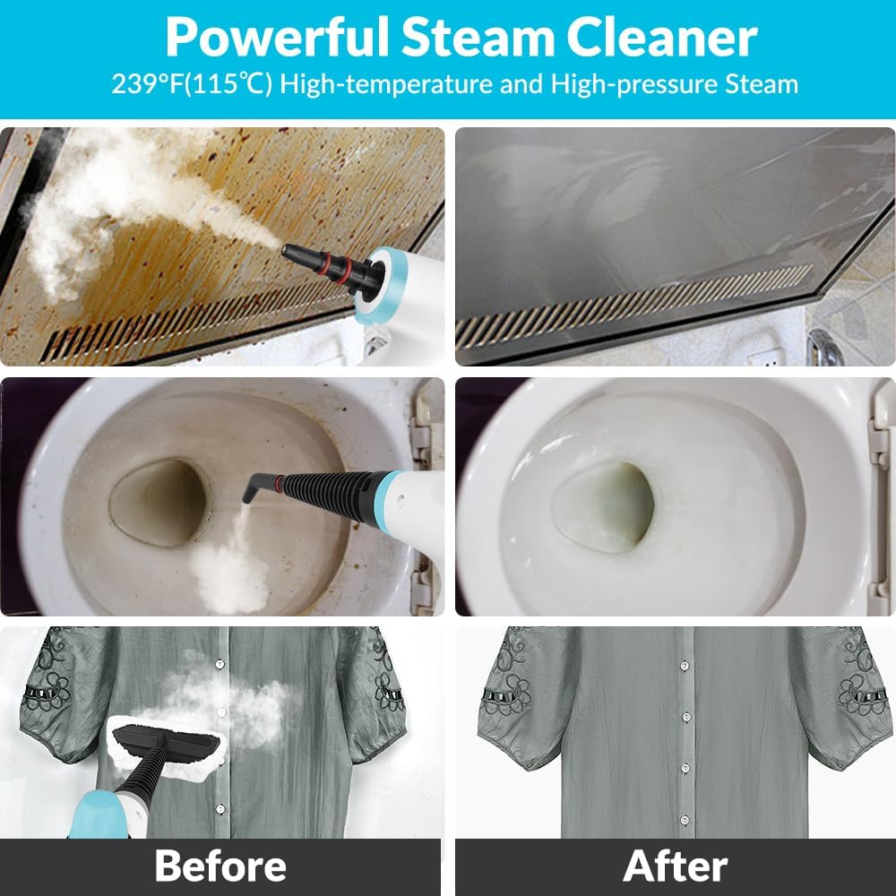 Collage of a powerful steam cleaner being used on various surfaces with 'Before' and 'After' results.